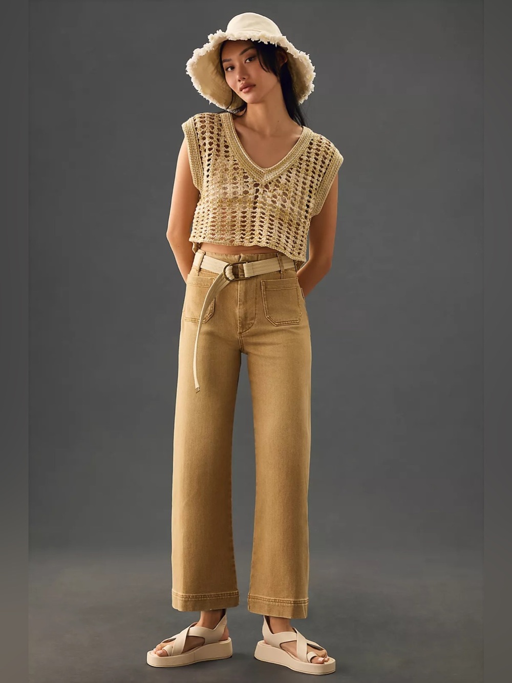 Anthropologie Maeve OBI678354 Denim Colette Cropped Wide-Leg Jeans in Yellow.